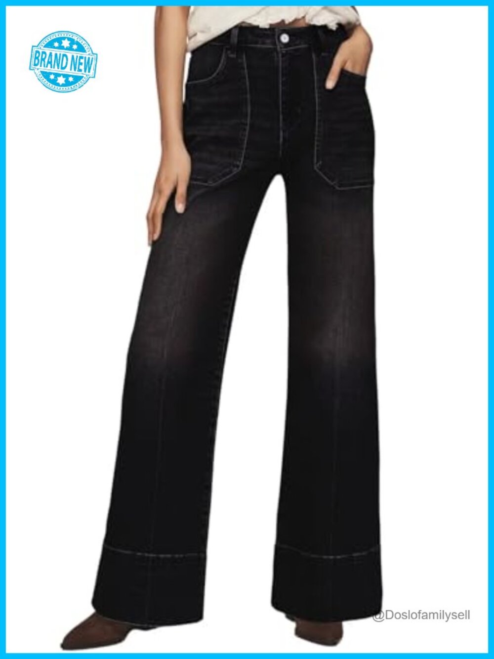 High Waisted Wide Leg Baggy Jeans with Front Pockets, Stretch Cotton Blend
